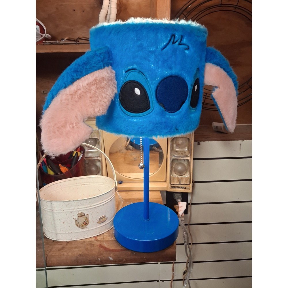 Disney Lilo and Stitch Table Lamp Blue Metal Base Plush Fuzzy Shade Pull Chain